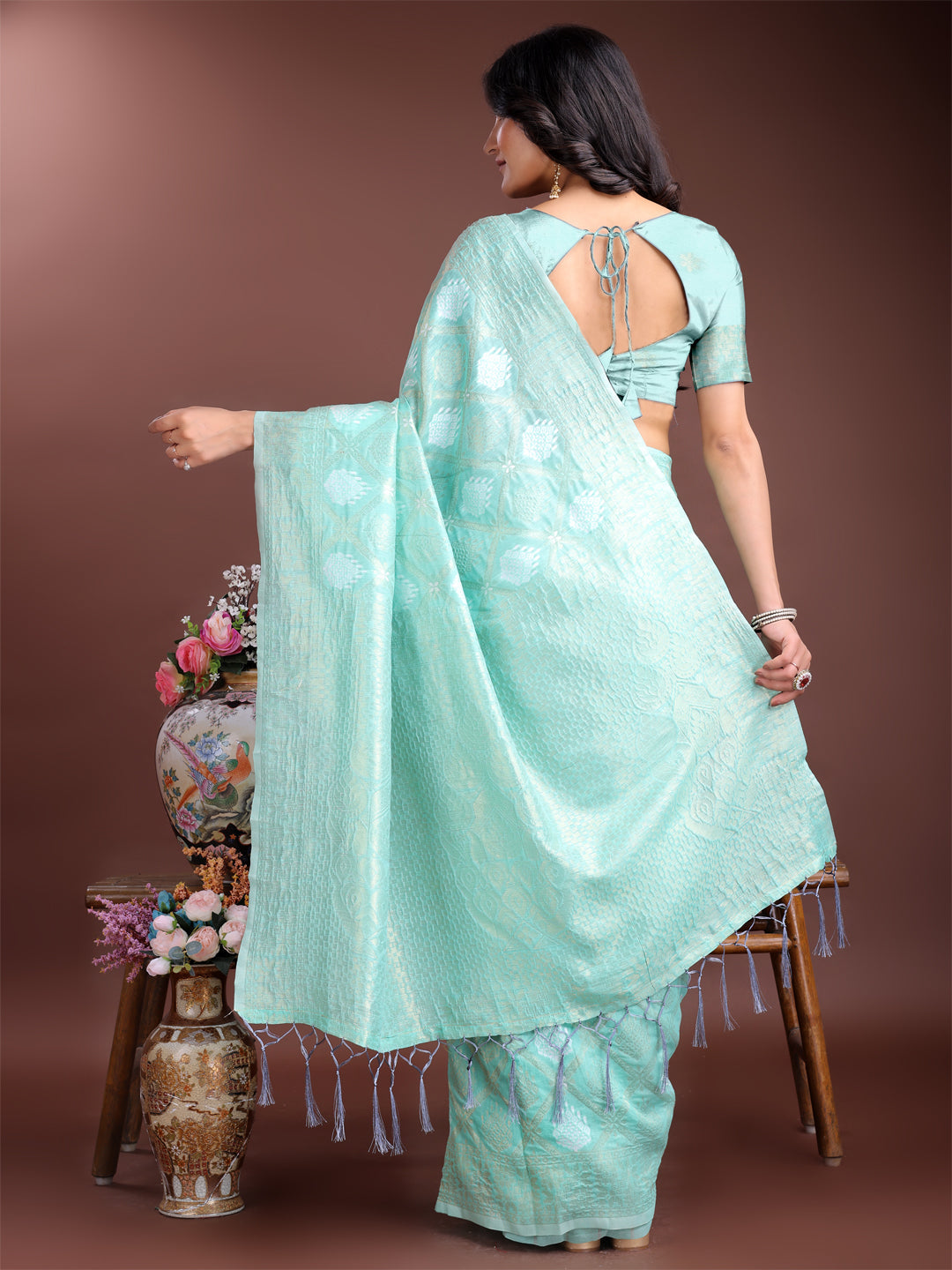 Sea Green Cotton Woven Zari Saree with Traditional Tassel Detail