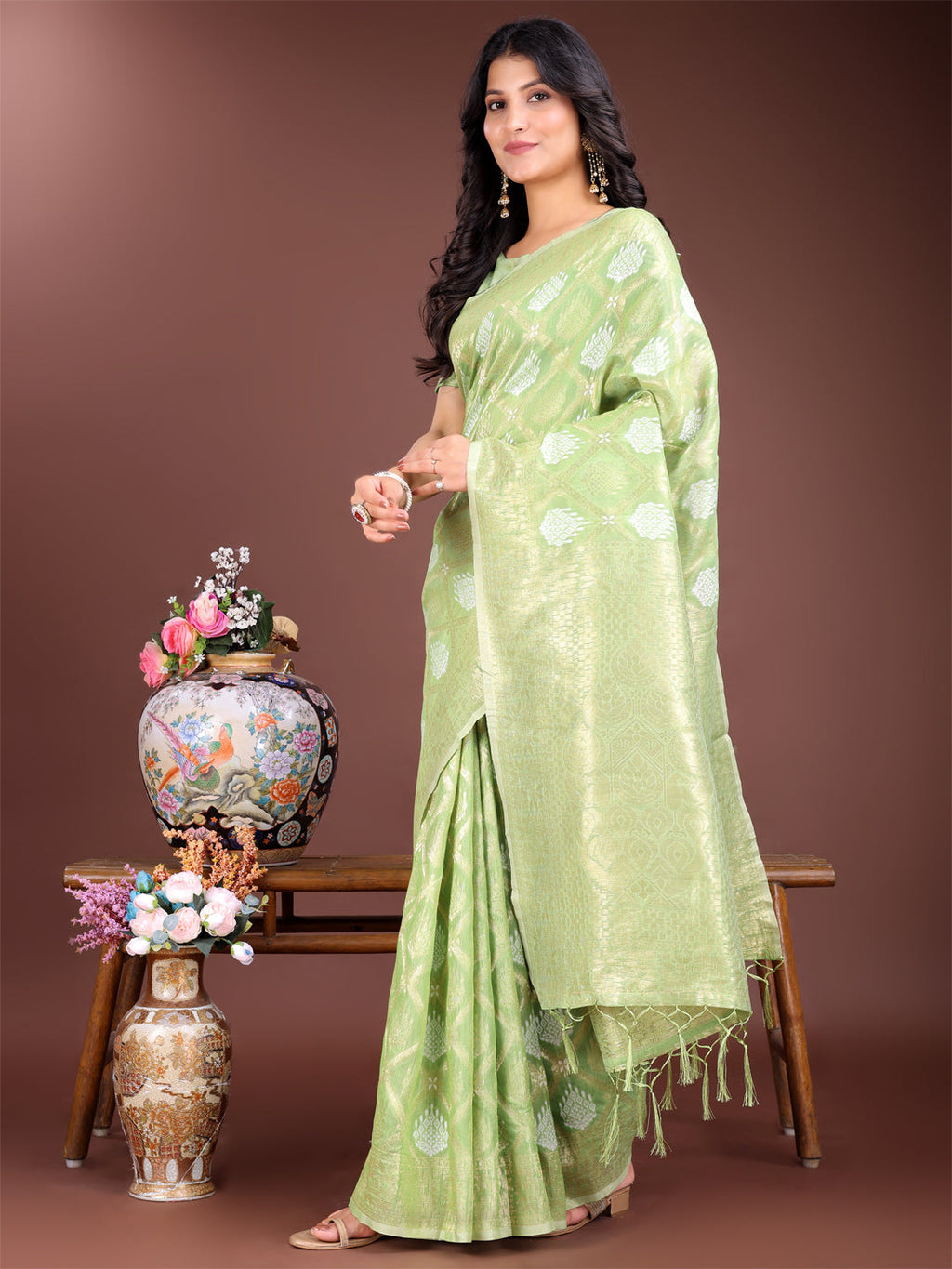 Light Green Cotton Woven Zari Saree with Traditional Tassels