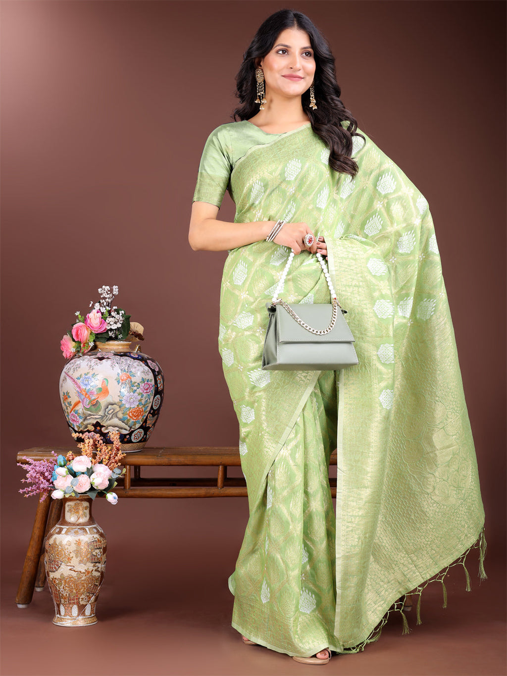 Light Green Cotton Woven Zari Saree with Traditional Tassels