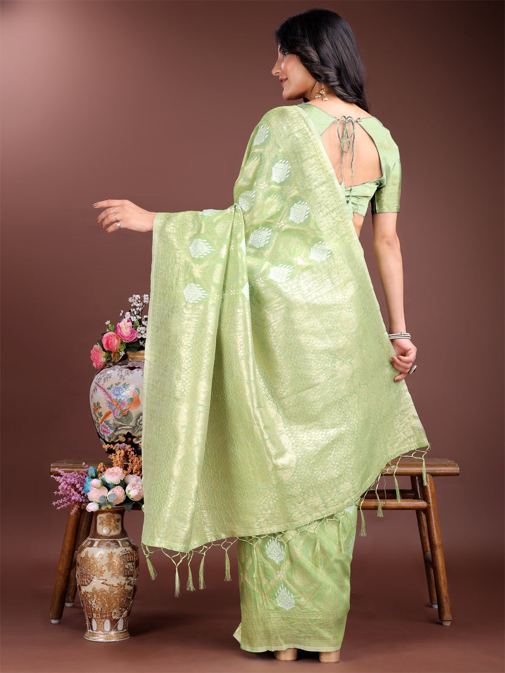 Light Green Cotton Woven Zari Saree with Traditional Tassels