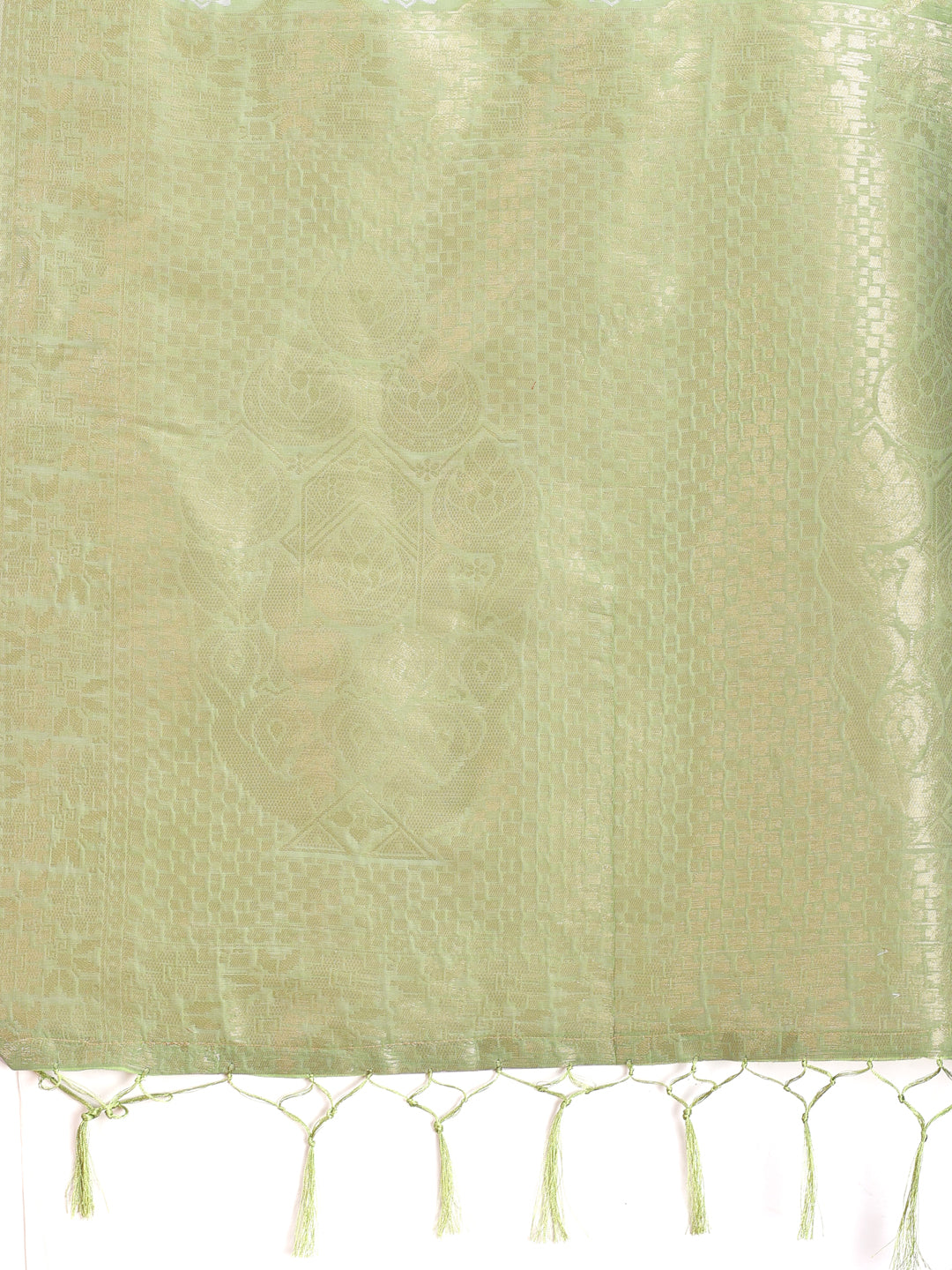 Light Green Cotton Woven Zari Saree with Traditional Tassels