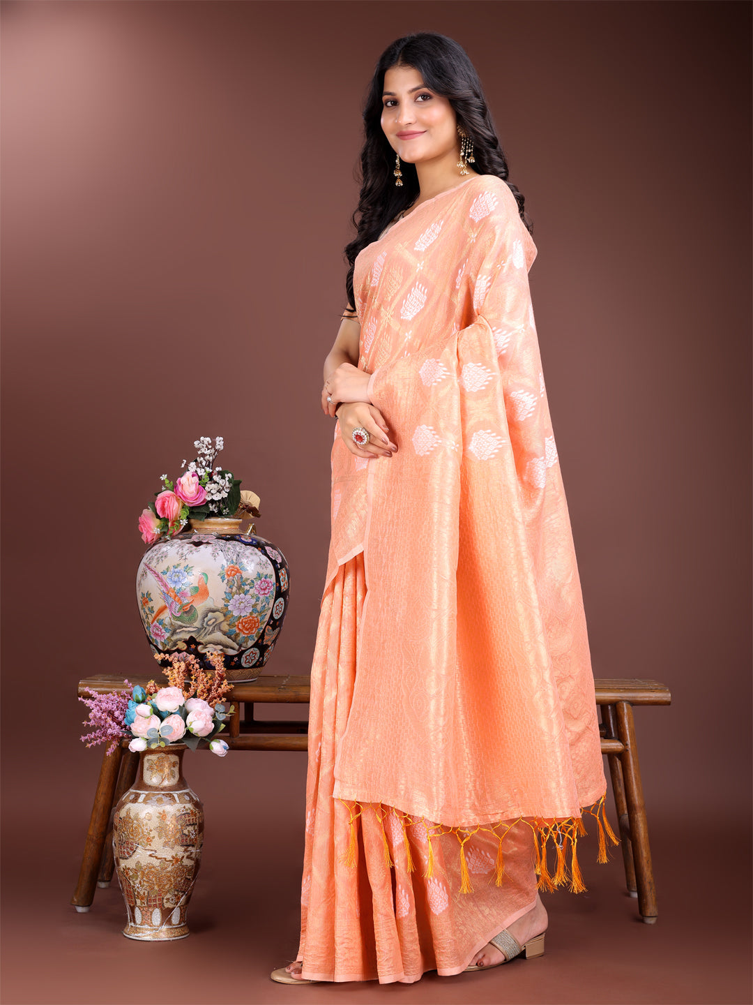 Orange Cotton Woven Zari Work Saree with Traditional Tassels