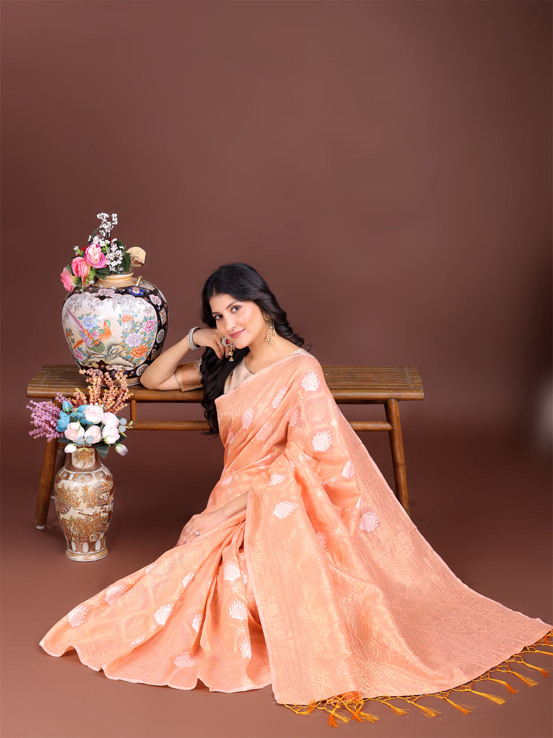 Orange Cotton Woven Zari Work Saree with Traditional Tassels