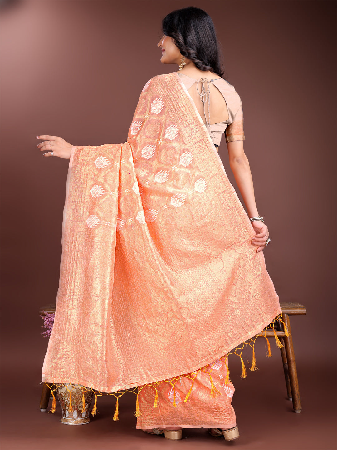 Orange Cotton Woven Zari Work Saree with Traditional Tassels
