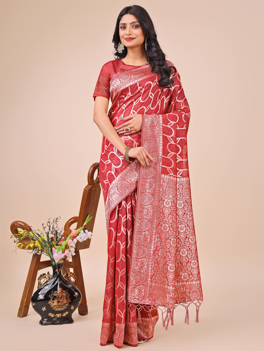 Elegant red linen cotton saree with silver zari border and modern geometric pattern