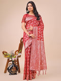 Elegant red linen cotton saree with silver zari border and modern geometric pattern