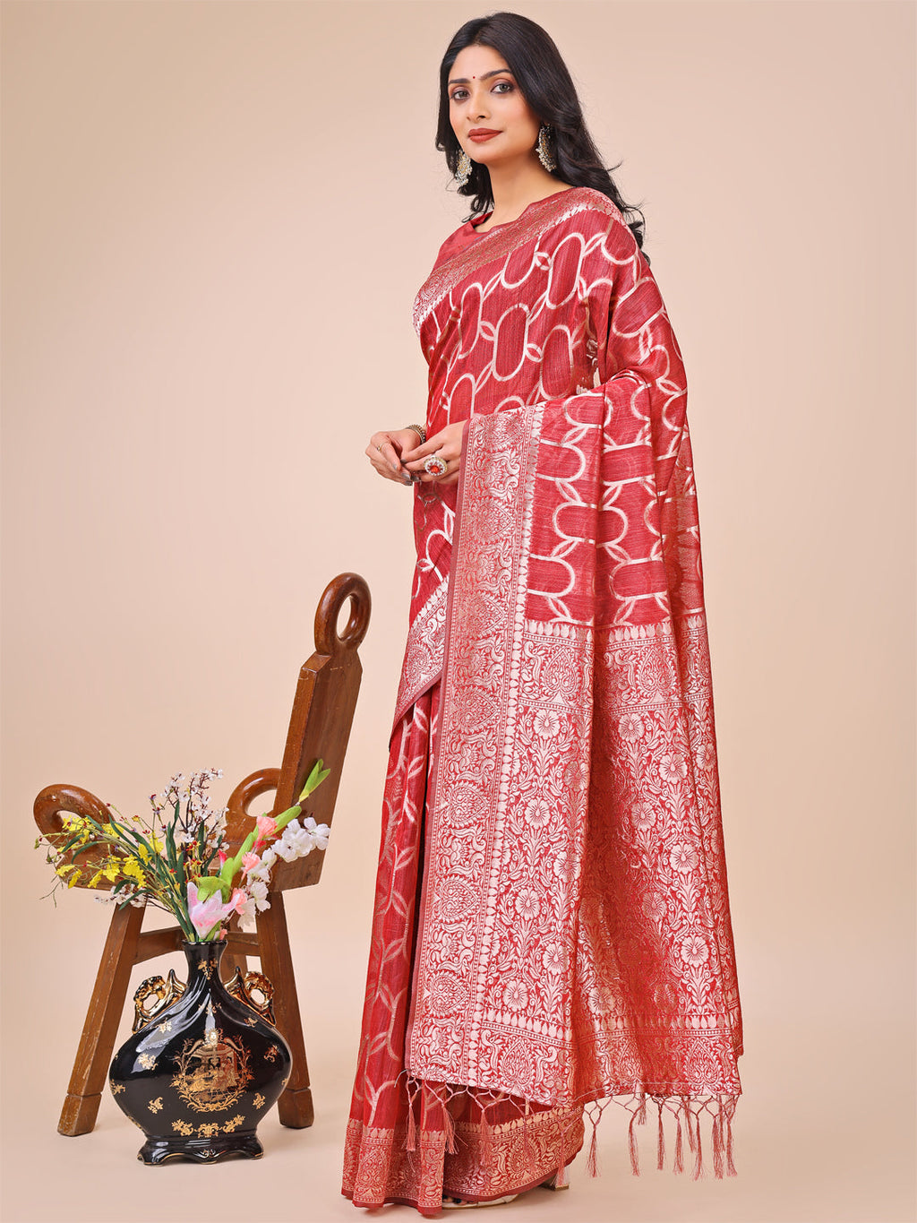 Red Linen Cotton Saree with Silver Zari Border and Geometric Weave