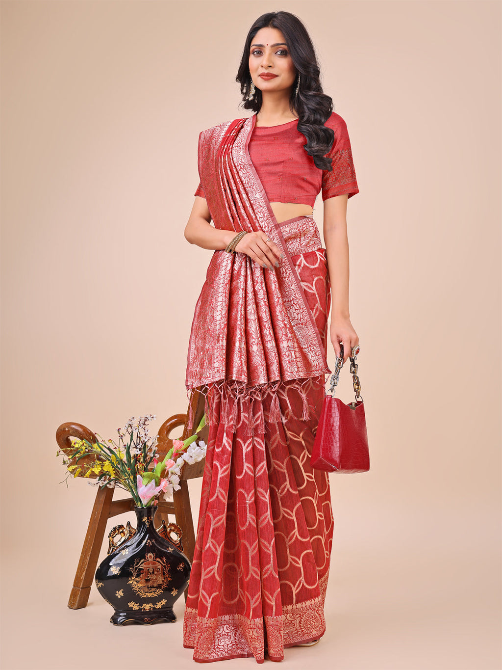 Red Linen Cotton Saree with Silver Zari Border and Geometric Weave