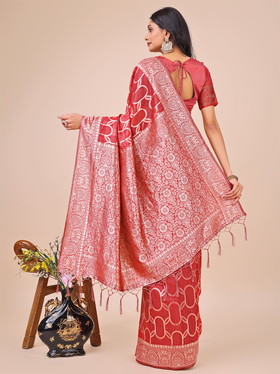 Red Linen Cotton Saree with Silver Zari Border and Geometric Weave