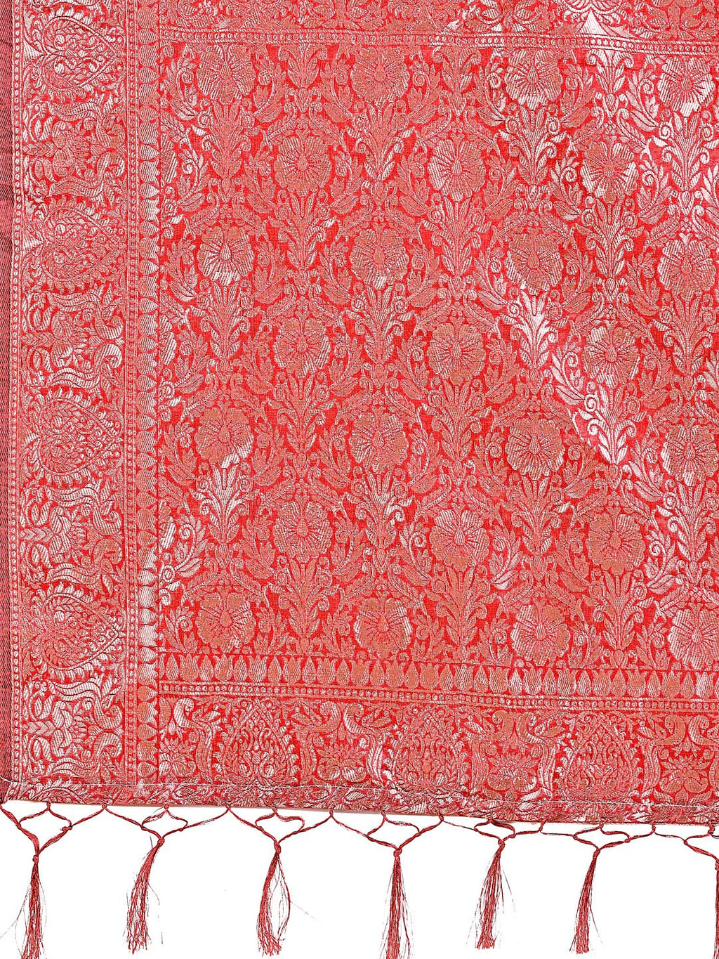 Red Linen Cotton Saree with Silver Zari Border and Geometric Weave