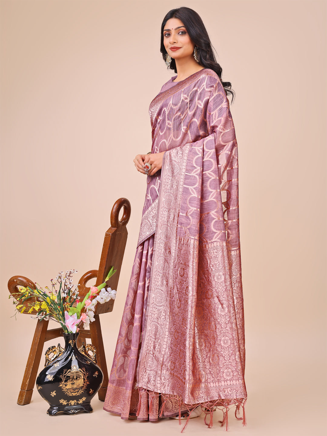 Purple Linen Cotton Saree with Silver Zari Border and Geometric Weave