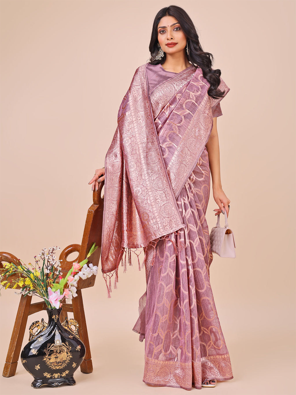 Purple Linen Cotton Saree with Silver Zari Border and Geometric Weave
