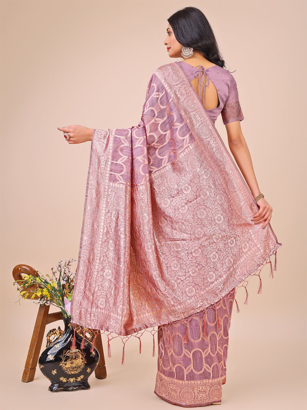 Purple Linen Cotton Saree with Silver Zari Border and Geometric Weave