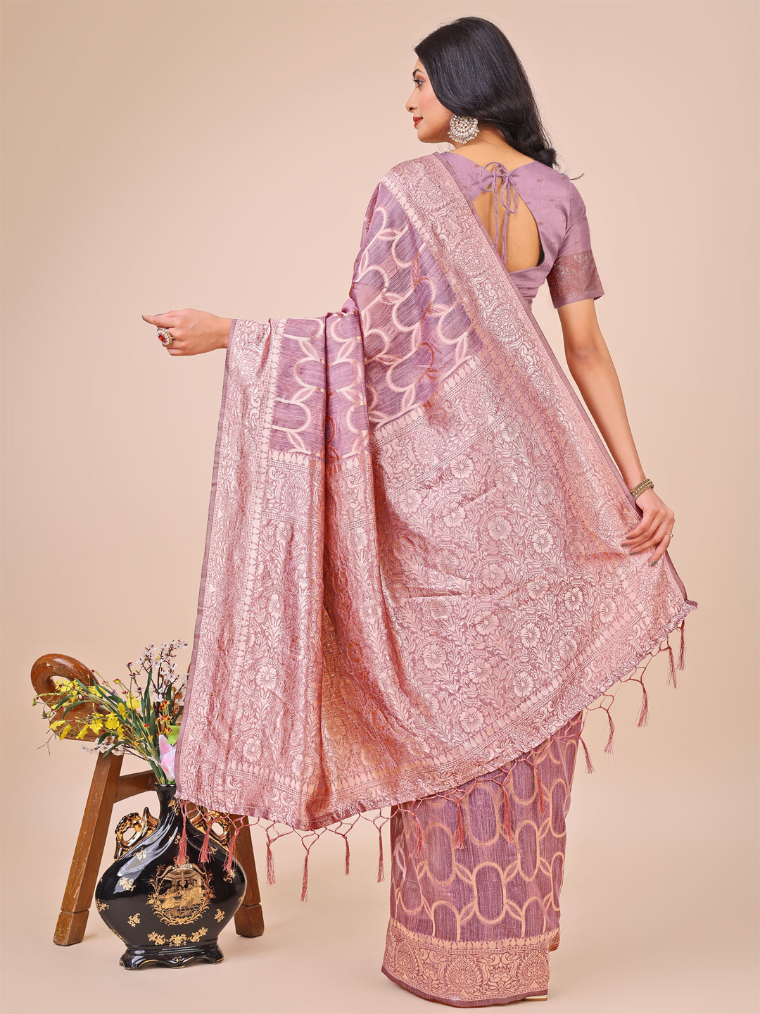 Purple Linen Cotton Saree with Silver Zari Border and Geometric Weave