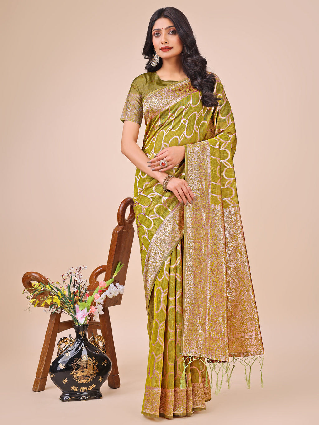 Olive green linen cotton saree with geometric weave and silver zari border