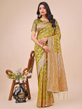 Olive green linen cotton saree with geometric weave and silver zari border