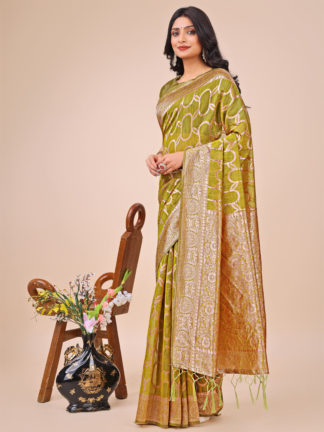 Olive Green Linen Cotton Saree with Silver Zari Border