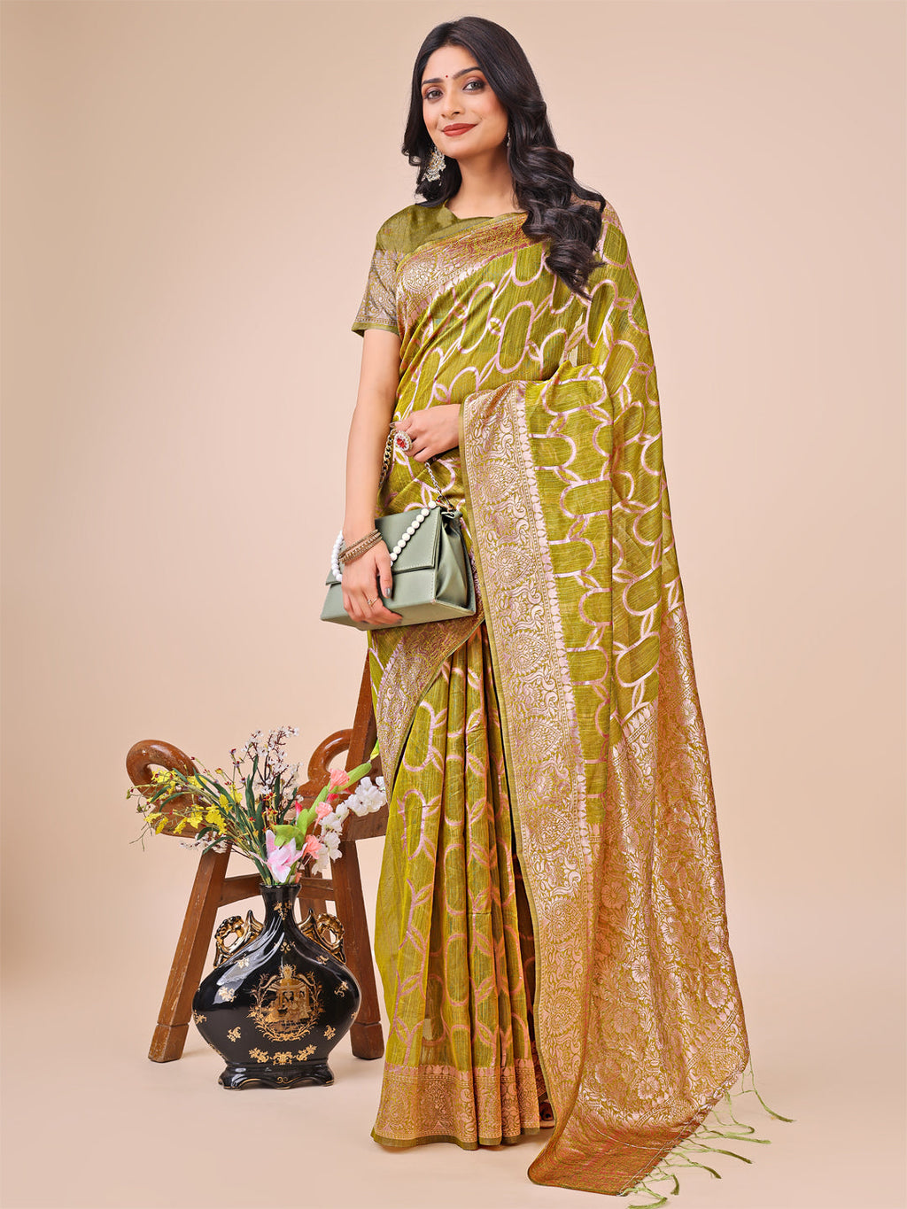 Olive Green Linen Cotton Saree with Silver Zari Border