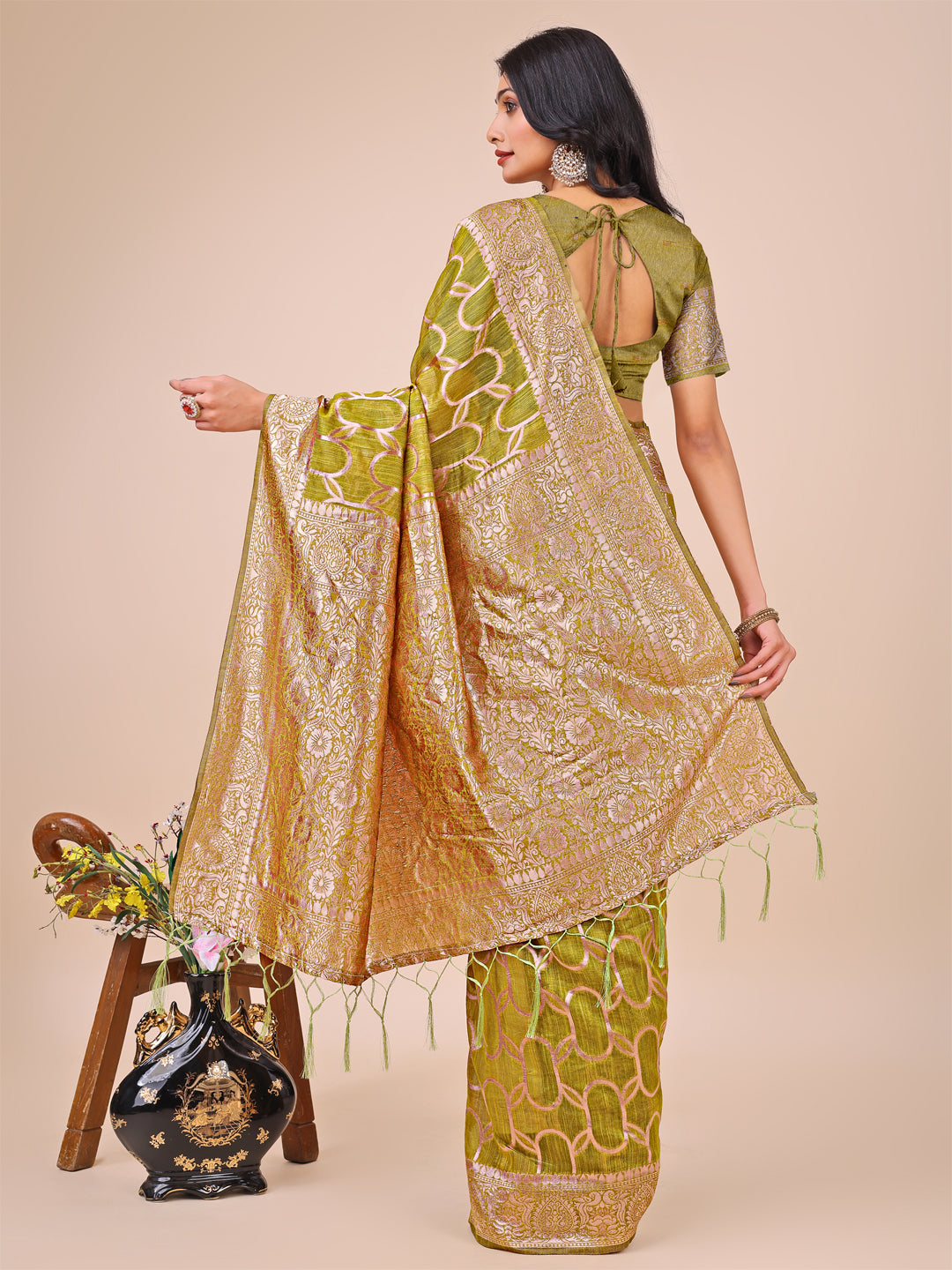 Olive Green Linen Cotton Saree with Silver Zari Border