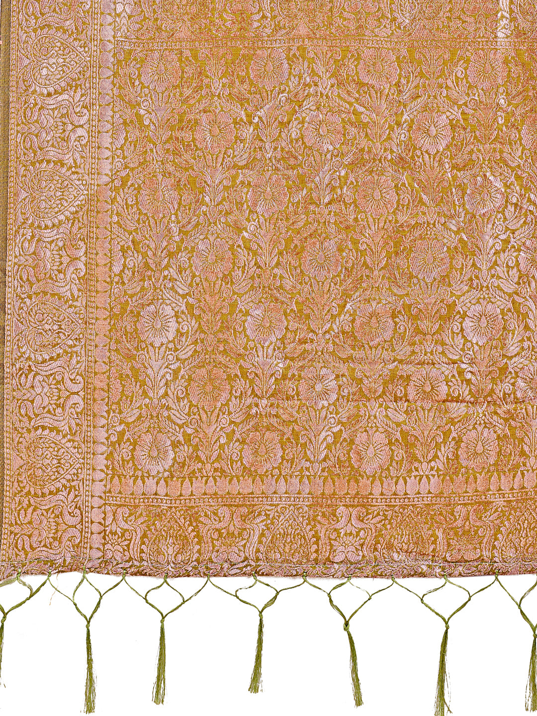 Olive Green Linen Cotton Saree with Silver Zari Border