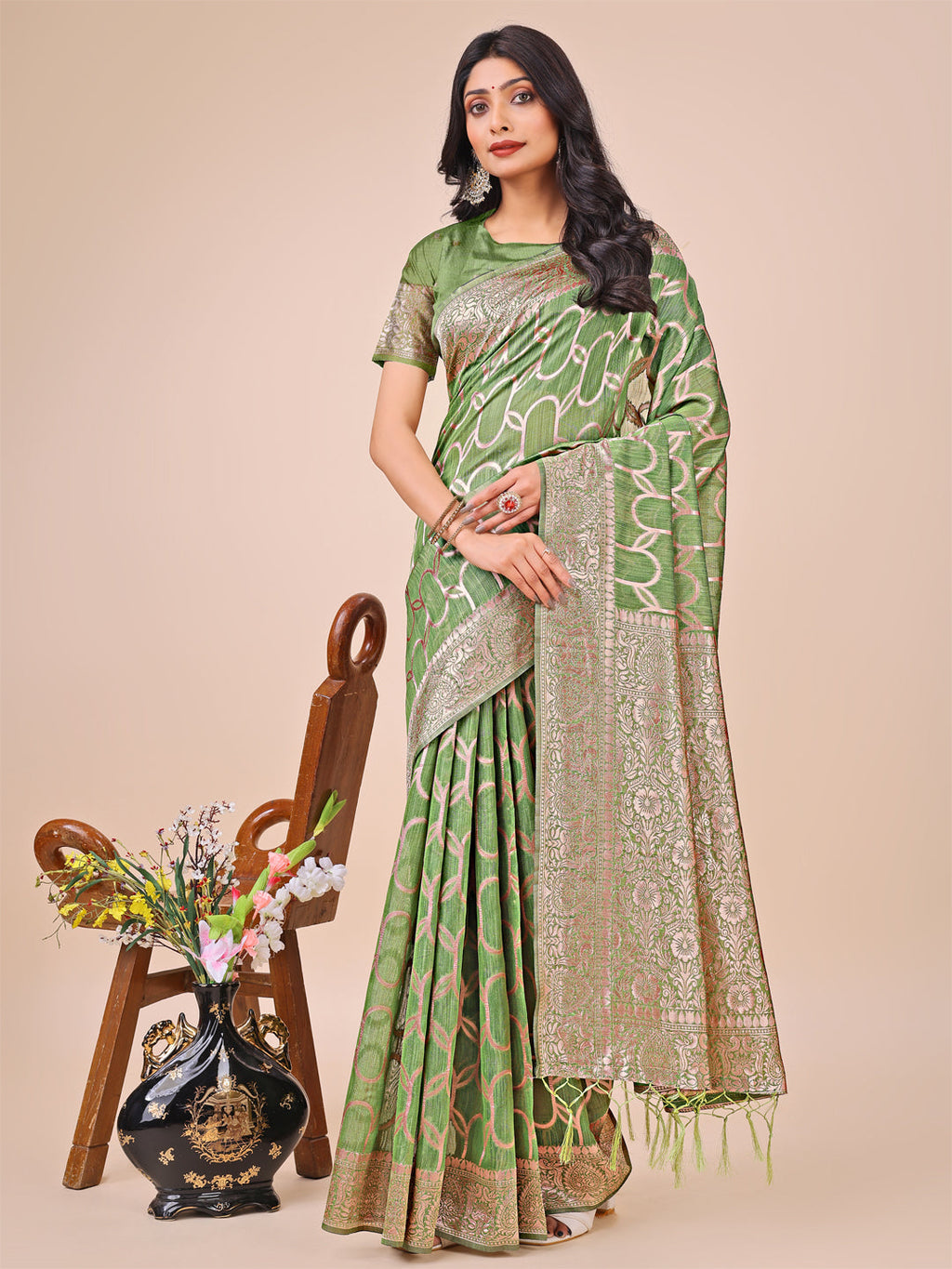 Green linen cotton saree with silver zari border and modern geometric pattern