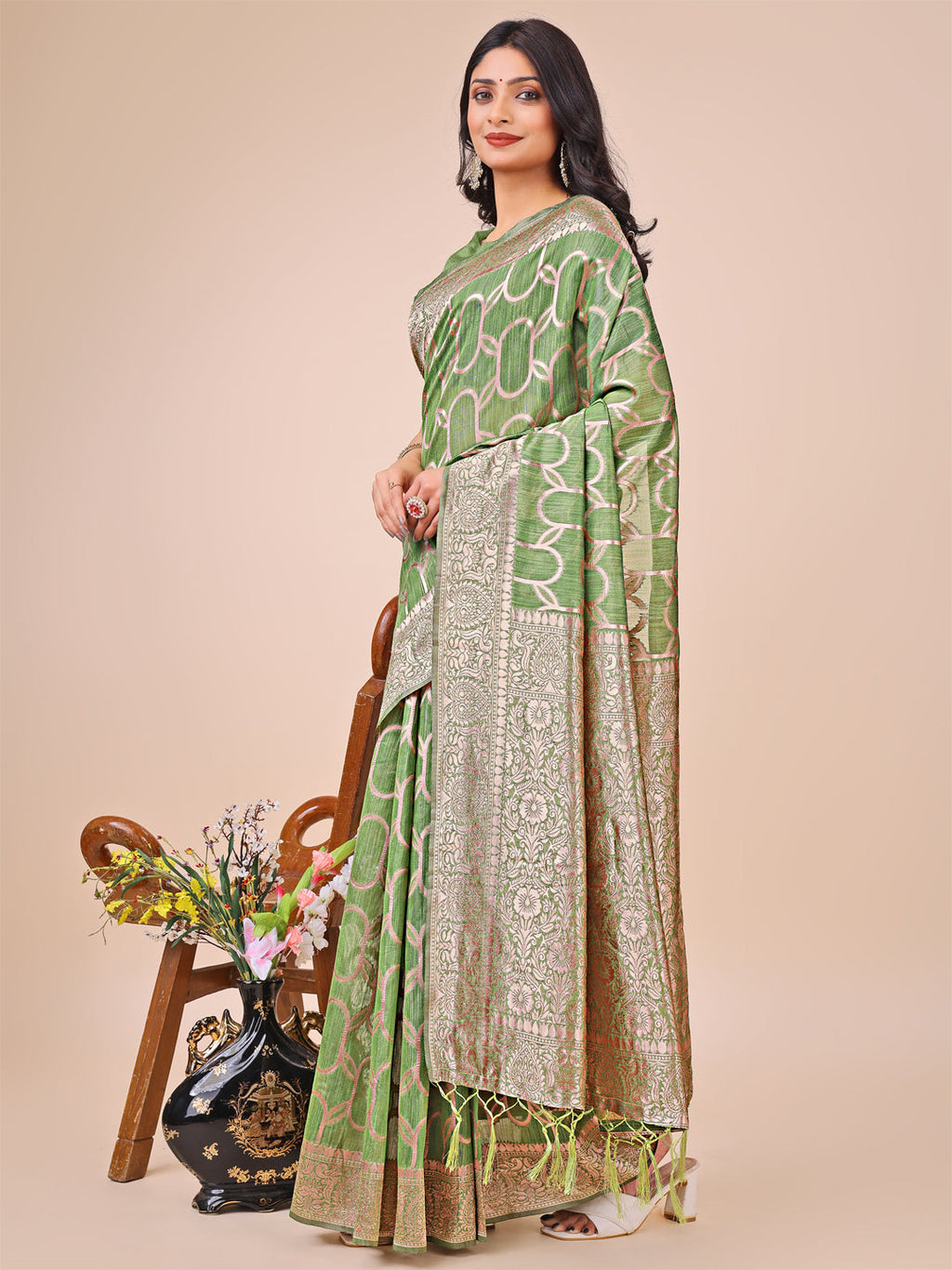Green Linen Cotton Saree with Silver Zari Border and Geometric Weave