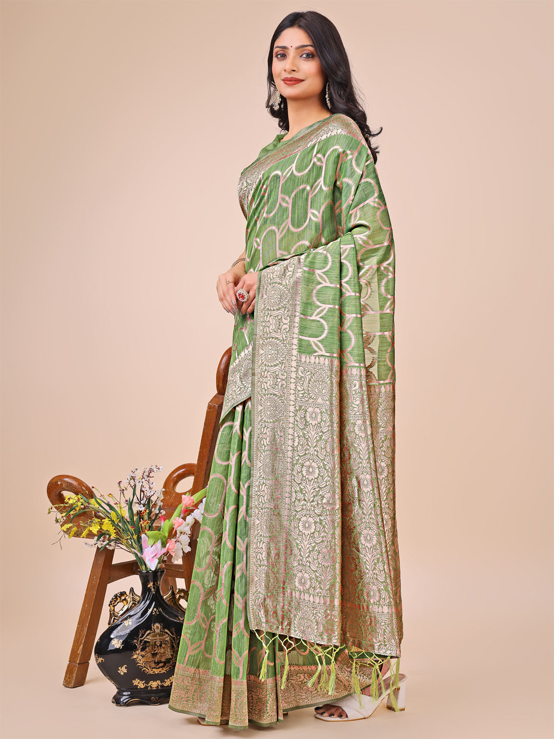 Green Linen Cotton Saree with Silver Zari Border and Geometric Weave