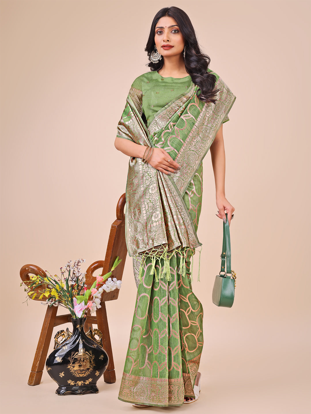 Green Linen Cotton Saree with Silver Zari Border and Geometric Weave