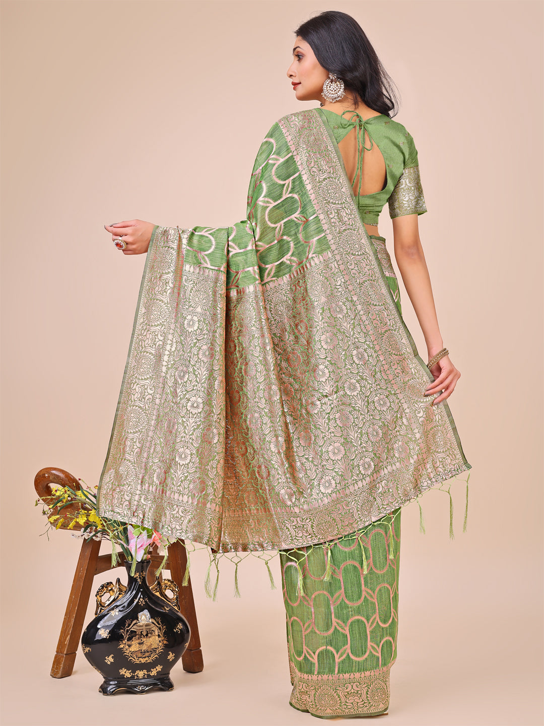 Green Linen Cotton Saree with Silver Zari Border and Geometric Weave