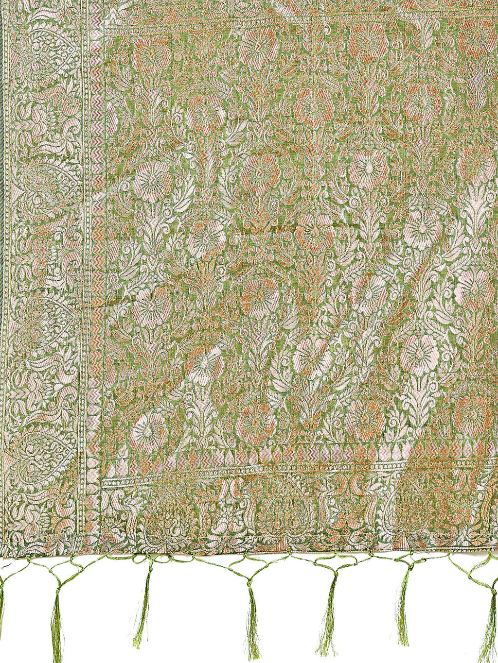 Green Linen Cotton Saree with Silver Zari Border and Geometric Weave