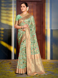 Sea Green Banarasi Silk Saree with golden zari floral jaal border and rich silk fabric.