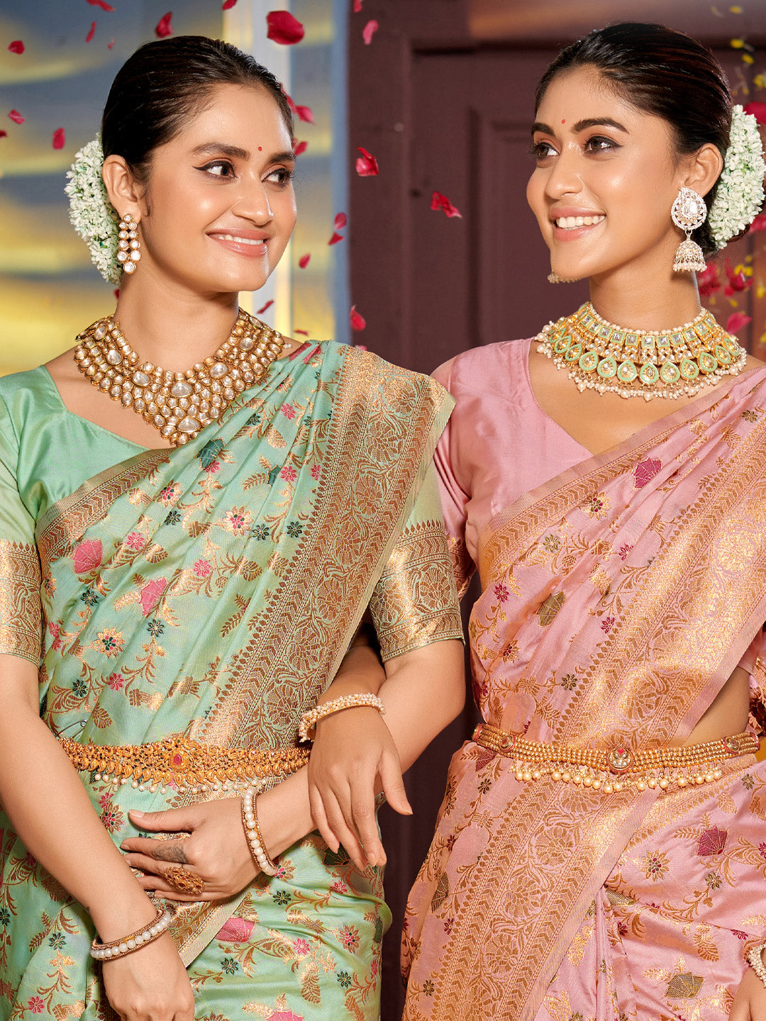 Sea Green Banarasi Silk Saree with Golden Zari Floral Jaal