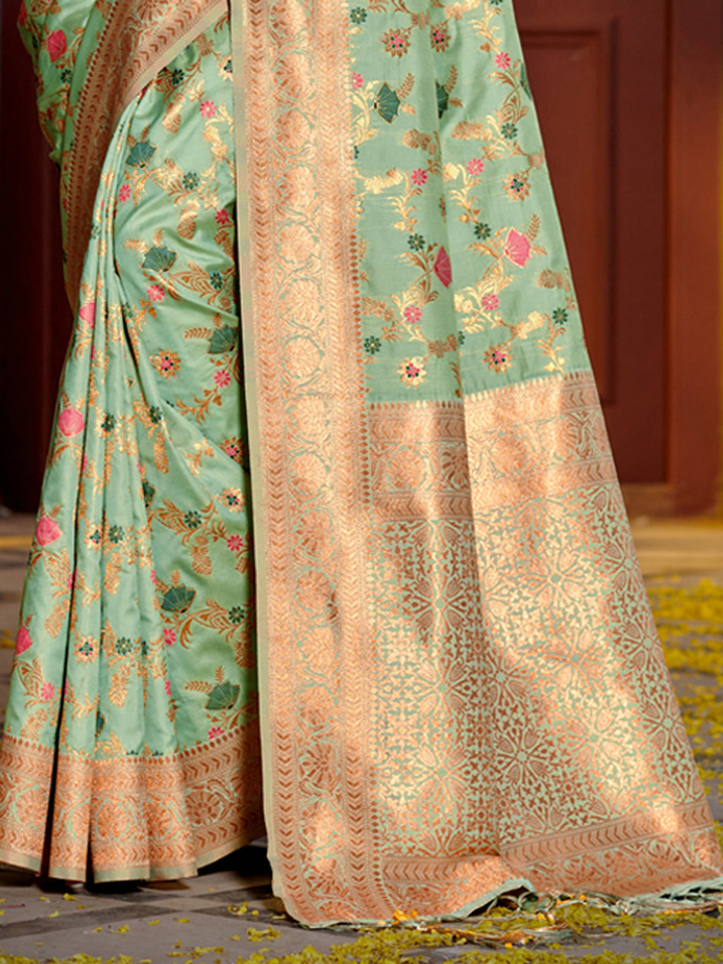 Sea Green Banarasi Silk Saree with Golden Zari Floral Jaal