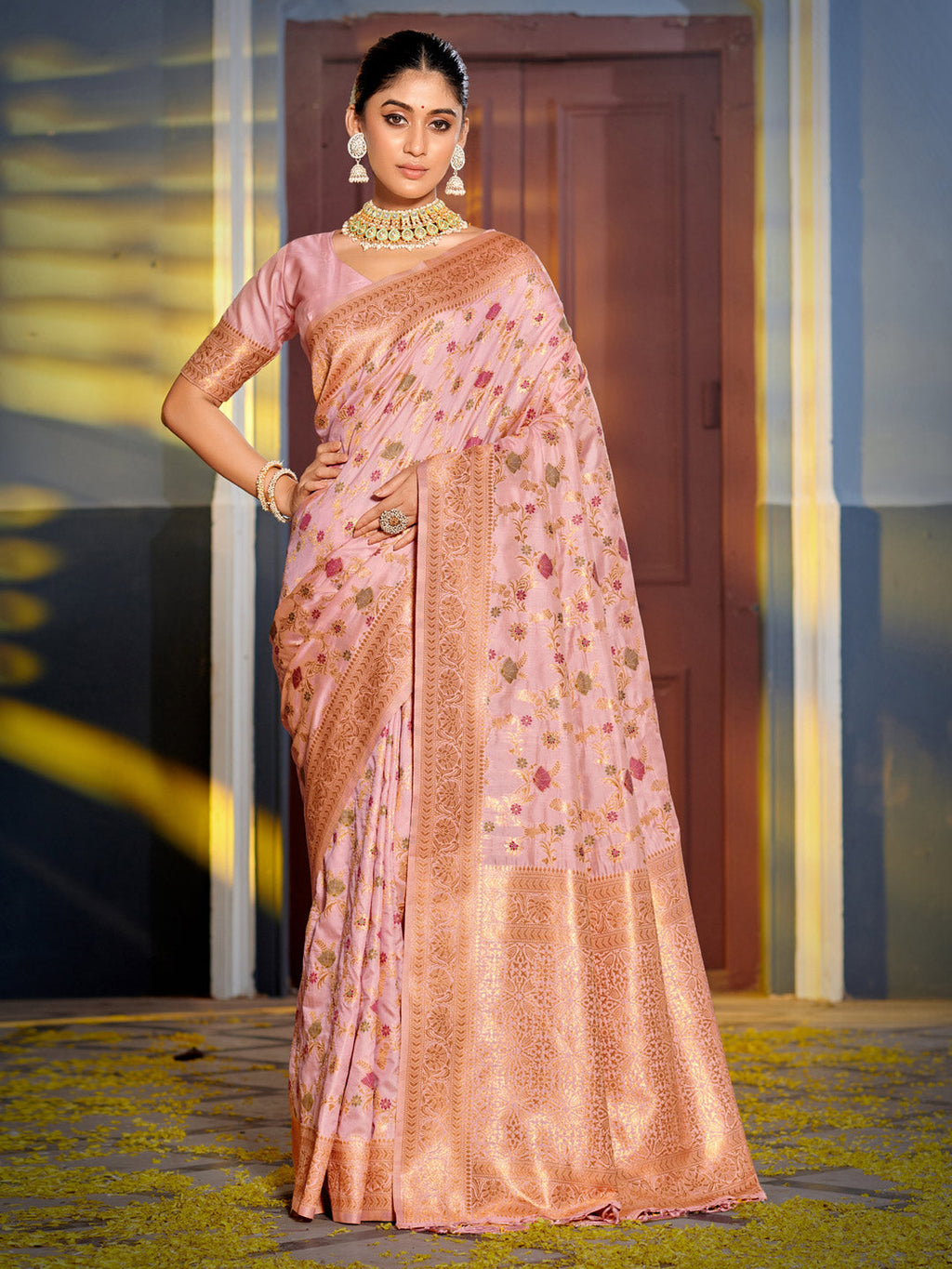 Pink Banarasi Silk Saree with golden zari floral jaal and elegant finish.