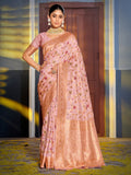Pink Banarasi Silk Saree with golden zari floral jaal and elegant finish.