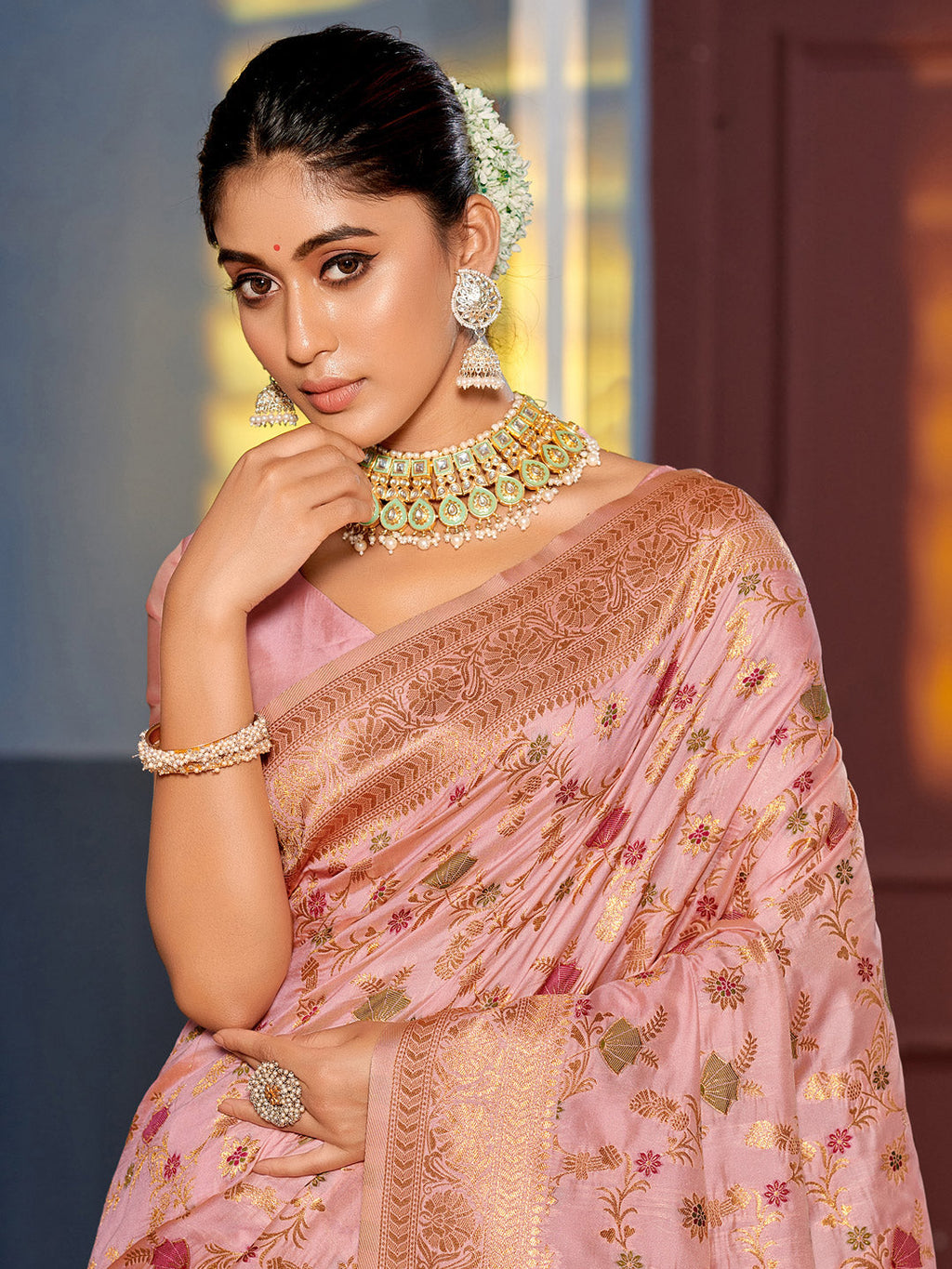 Pink Banarasi Silk Saree with Golden Zari Floral Jaal