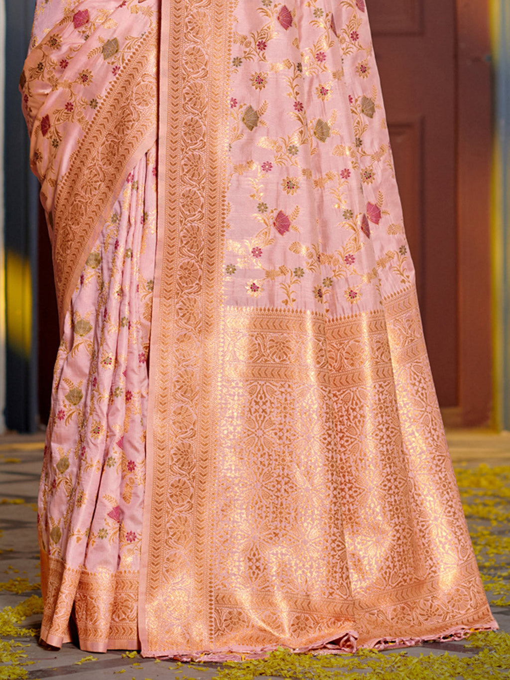 Pink Banarasi Silk Saree with Golden Zari Floral Jaal