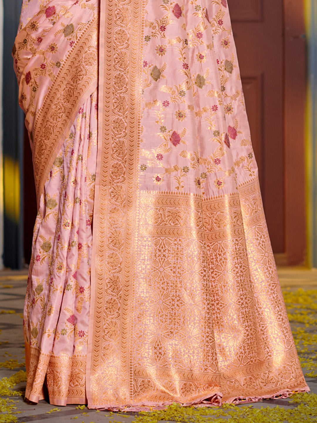 Pink Banarasi Silk Saree with Golden Zari Floral Jaal