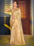 Light Green Banarasi Silk Saree with golden zari floral jaal work and a rich traditional border.