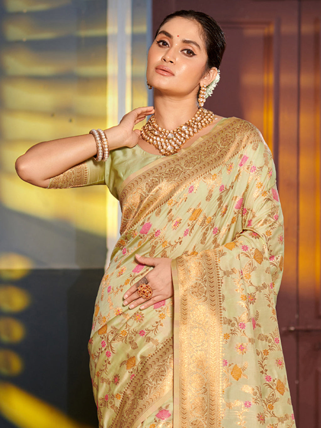 Light Green Banarasi Silk Saree with Golden Zari Floral Jaal