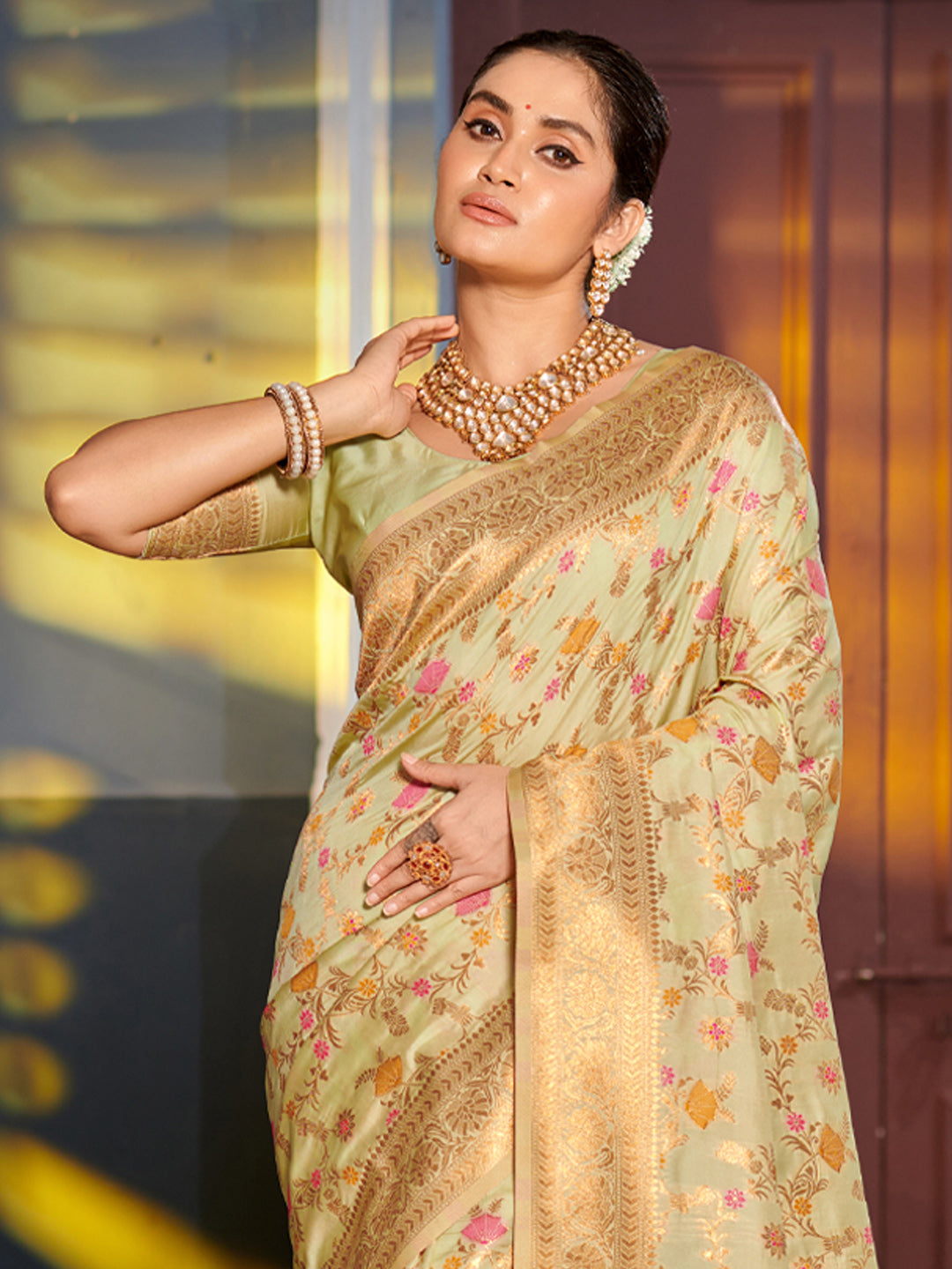 Light Green Banarasi Silk Saree with Golden Zari Floral Jaal