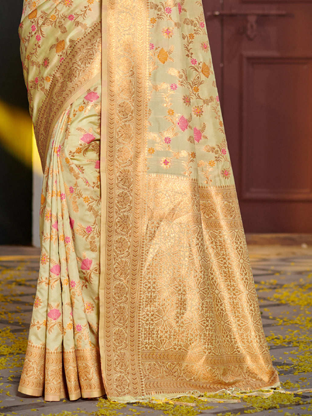 Light Green Banarasi Silk Saree with Golden Zari Floral Jaal