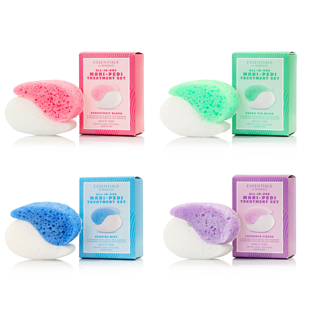 Four boxes of Spongellé Essentials Mani-Pedi Treatment Sets in Pink, Green, Blue, and Purple with matching dual-colored exfoliating sponges.