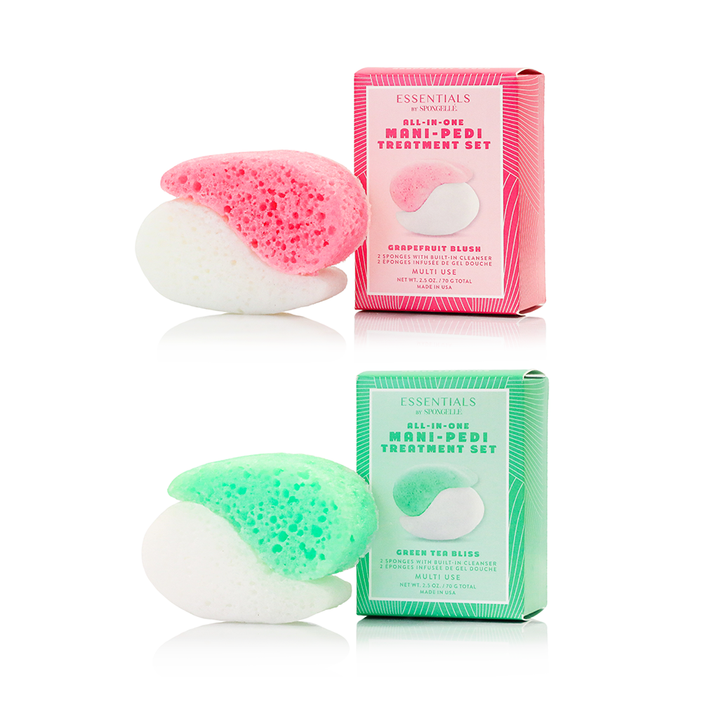 Spongellé mani-pedi buffer bundle featuring one pink Grapefruit Blush sponge and one green Green Tea Bliss sponge next to their packaging.