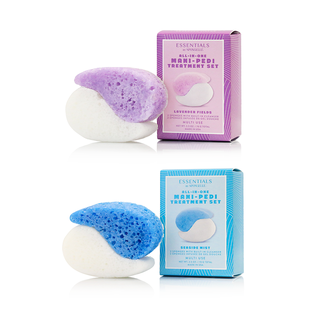 Spongelle Mani-Pedi treatment set including Lavender Fields and Seaside Mist buffers with packaging