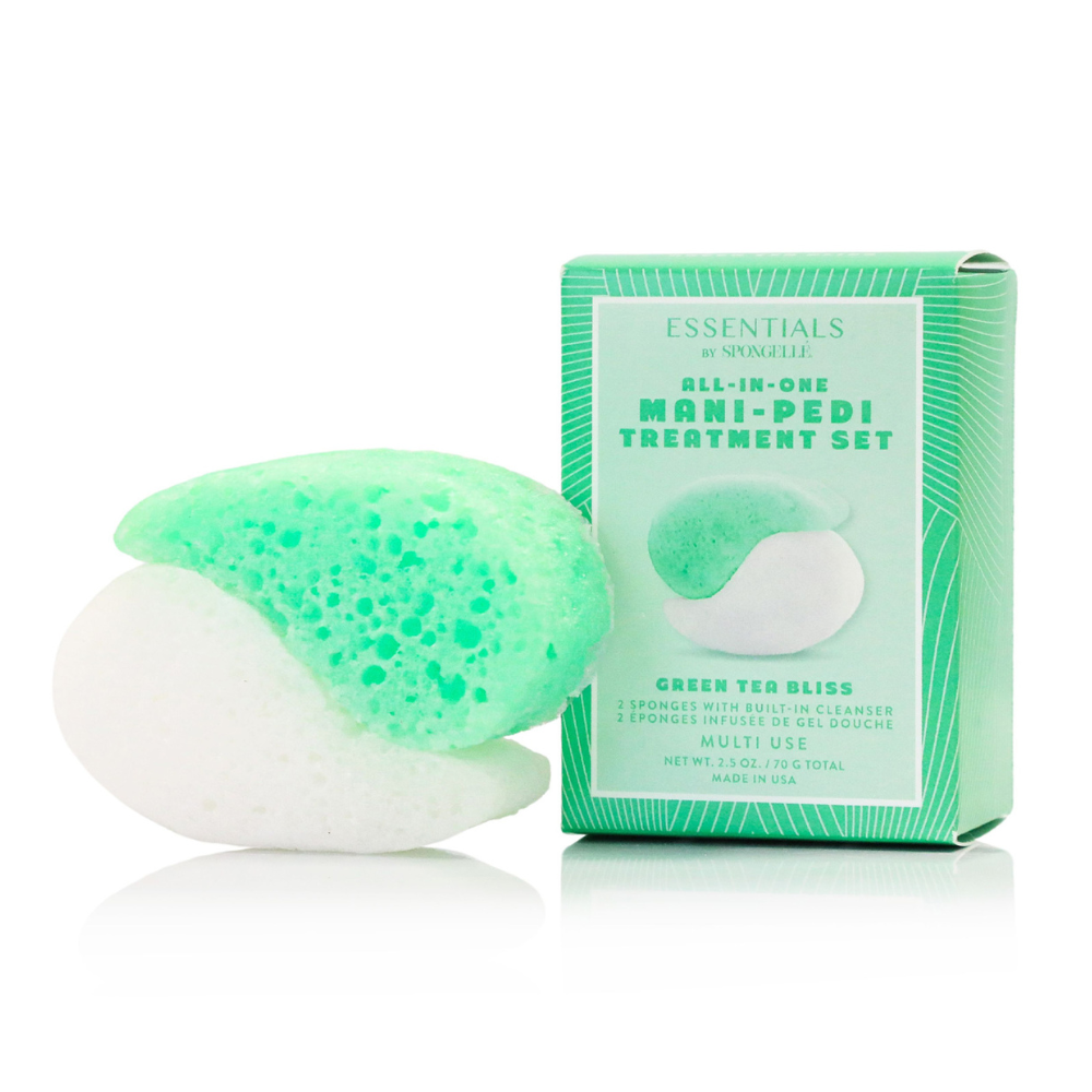 Green Tea Bliss Mani-Pedi treatment set featuring two-sided green and white cleansing buffers next to its packaging.