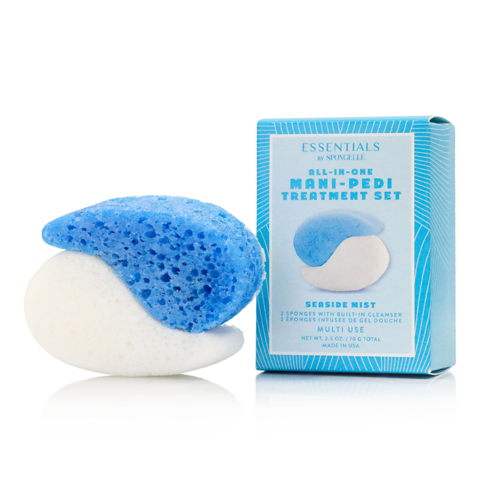 Seaside Mist Mani-Pedi treatment set featuring a blue and white textured cleansing buffer next to its packaging.