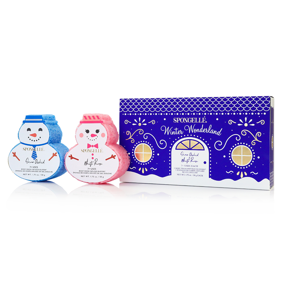 Spongelle Winter Wonderland gift set featuring two snowman-shaped body wash infused buffers in blue Snow Orchid and pink White Rose scents.