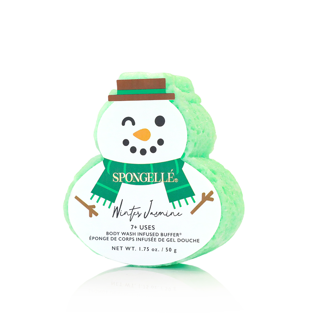Spongellé Winter Jasmine Holiday Snowman Body Wash Infused Buffer in festive mint green packaging.