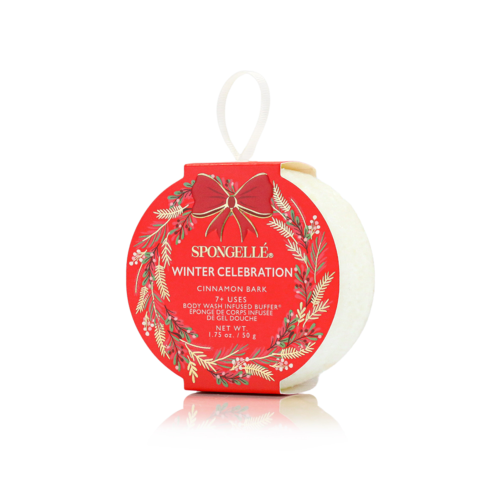 Spongelle Winter Celebration body buffer in Cinnamon Bark scent shaped like a holiday wreath ornament